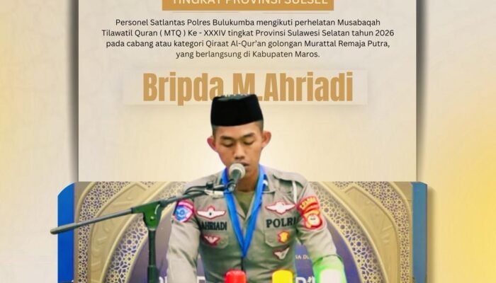 Tauwwa Bripda M.Ahriadi Personel Satlantas Polres Bulukumba Ikuti ki MTQ Tingkat Provinsi Sulsel.