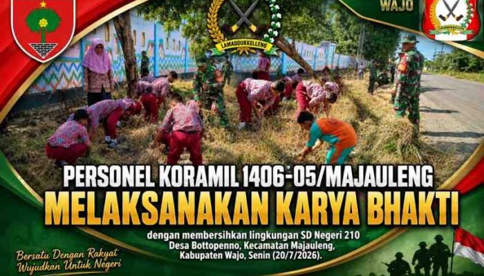 Koramil Majauleng Bersama Siswa SD di Wajo Gelar Karya Bhakti Bersihkan Lingkungan Sekolah