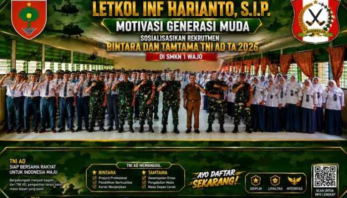 Dandim 1406/Wajo Motivasi Generasi Muda, Sosialisasikan Rekrutmen Bintara dan Tamtama TNI AD TA 2026 di SMKN 1 Wajo