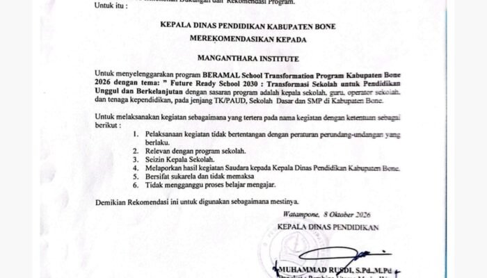 Itasi, Surat Rekomendasi Disdik Bone untuk Program BERAMAL School Transformation Jadi Sorotan, Sifat Sukarela Perlu Dipertegas