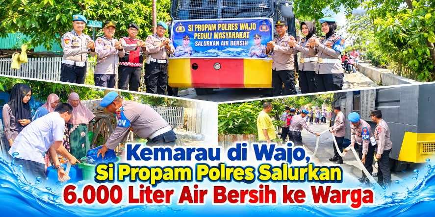 Warga kesulitan mendapatkan air bersih akibat kemarau dan berkurangnya sumber air. Polisi turun langsung menyalurkan bantuan menggunakan mobil Water Canon.